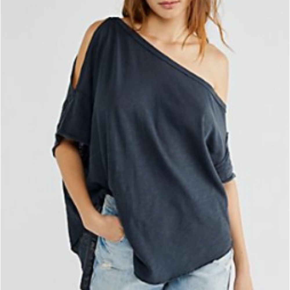 Care Free People U Fancy Washed Black Asymmetrical Off Shoulder Cut Out T-Shirt